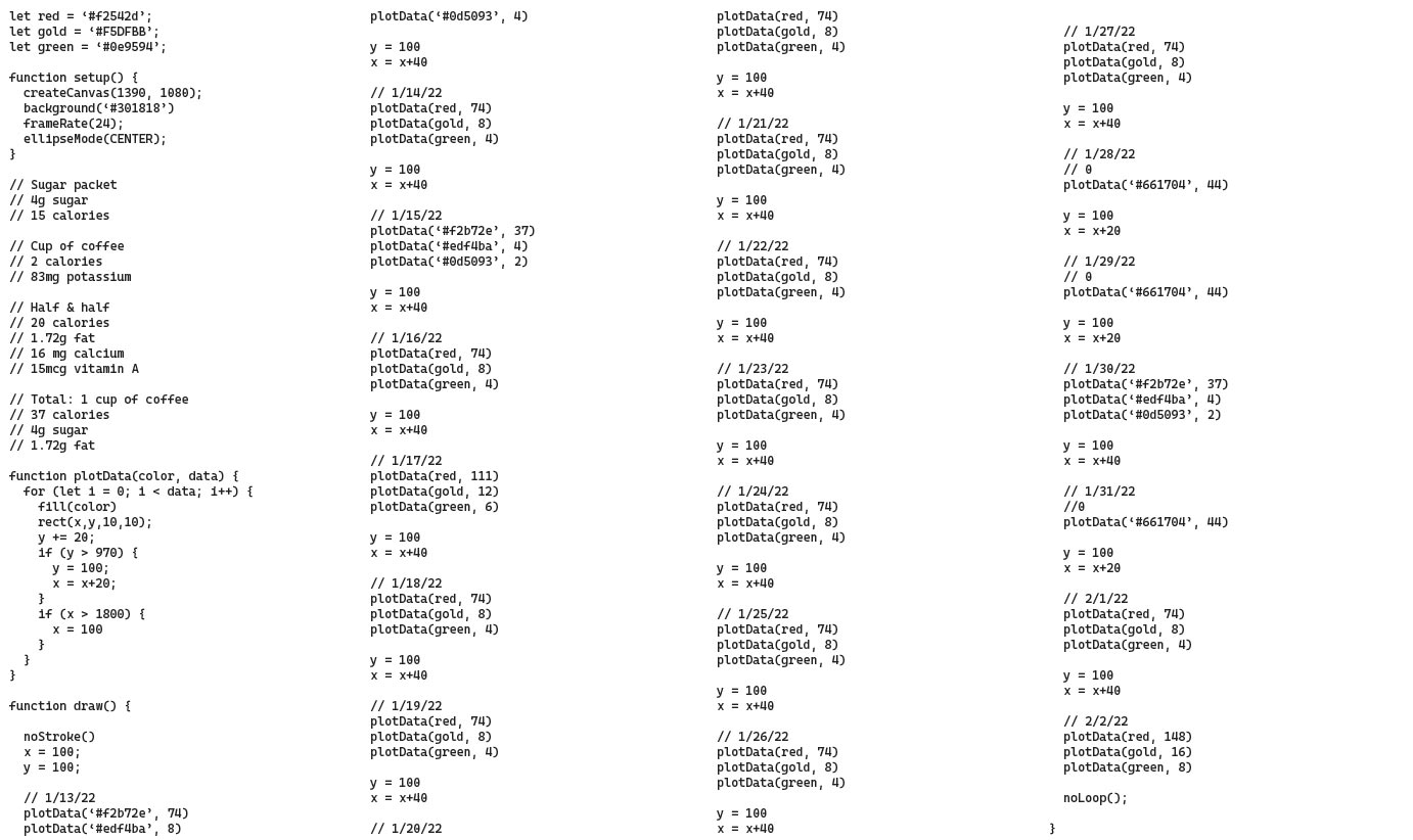 A sample of JavaScript code that produces generative art.