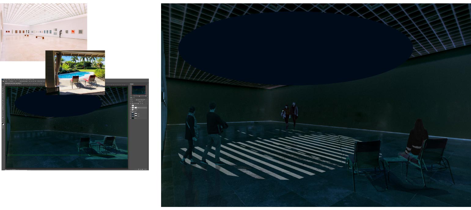 Photoshop mock-ups of the exhibition space, featuring a dark setting.